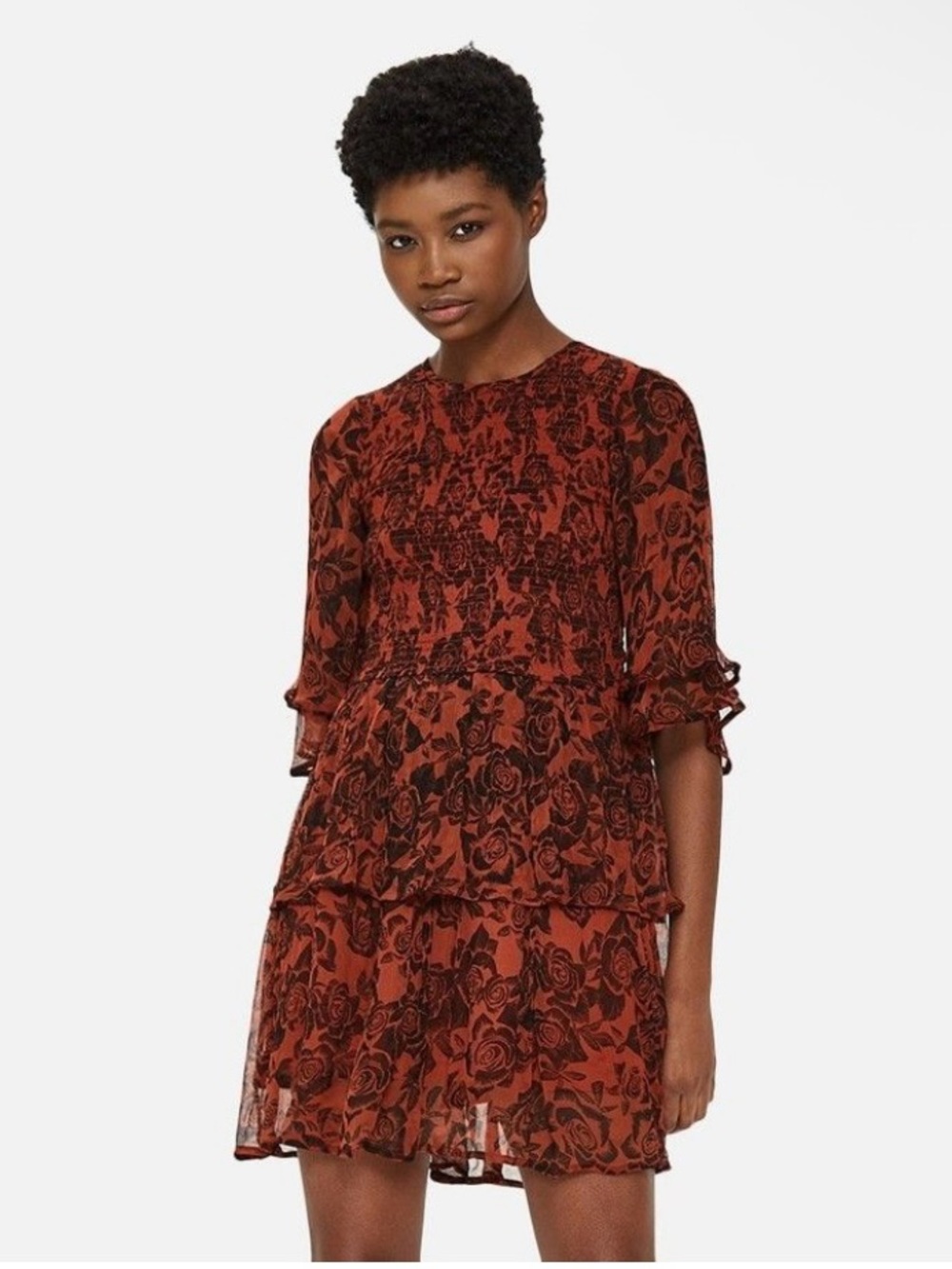 Ganni Rust Floral Tiered Mini Dress
